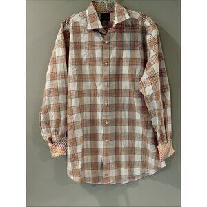 Thomas Dean Button Down Shirt Multi-Color Flip Cuff Cotton Large L plaid stripes